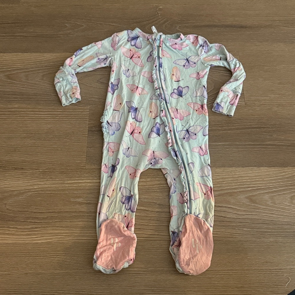 Posh peanut baby girl teal butterfly bamboo ruffle footie